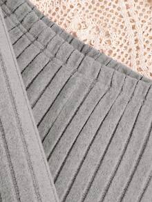 Sparklyn 2pcs/Set Girls Elegant Beaded Knit Ribbed Fluffy Puff Sleeve Top And Simple Knit Pants Casual Outfit, Autumn/Winter - Grey - View 8