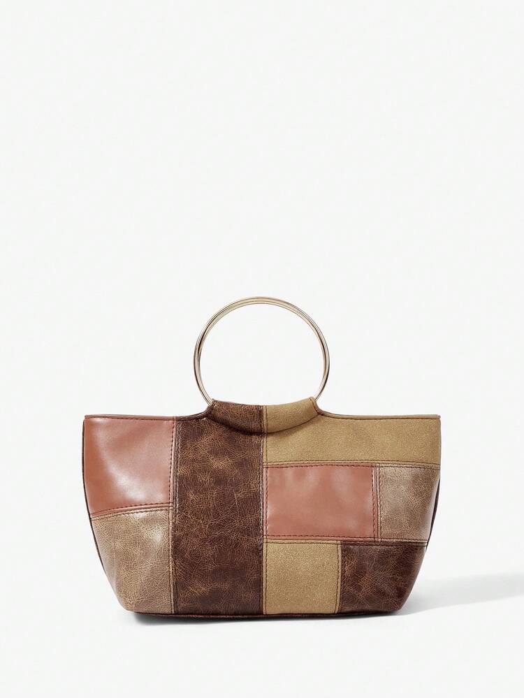 SHEIN Maija Ladies, Women Top Handle Bags, Retro, Vintage, Hardware Handle, PU Splicing, Fashionable, Elegant, Simple, Personalized, Versatile, Classic, For Commute, Office, Date, Daily, Shopping, Afternoon Tea