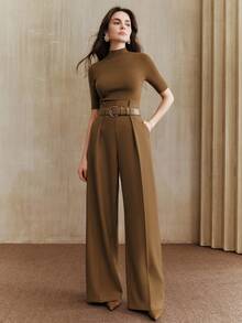 Anewsta Women's New Pleated High Waist Wide Leg Pants, Straight Leg Trousers, Elegant Casual Business Commute Loose Suit Pants With Belt, Suitable For Autumn And Winter - Khaki - View 2