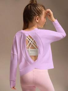 SHEIN Áo thun dài tay cho bé gái tuổi teen, thiết kế thời trang khoét lưng màu trắng. 1 áo thun dệt kim dài tay khoét lưng thoải mái, thoáng khí cho bé gái, phù hợp cho hoạt động trong nhà & ngoài trời, thể thao - Màu tím - Xem 8