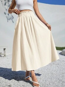 Siren Gaze 夏季女士服装休闲 A 字形亚麻中长裙，适合夏季海滩高腰宽松 - 米色 - 查看 3