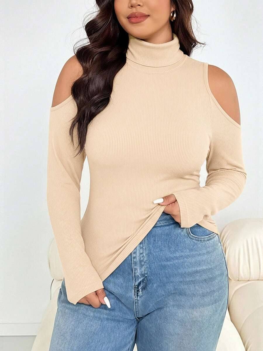 SHEIN Essnce 大码女士秋冬时尚休闲高弹舒适日常百搭修身杏色高领修身上衣,秋季打底衫,工作服,冬季简约风格 - 杏色 - 查看 1