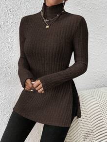 SHEIN Frenchy Solid Color Turtleneck Ribbed Fitted Long Sleeve T-Shirt Spring Brown - Brown - View 3