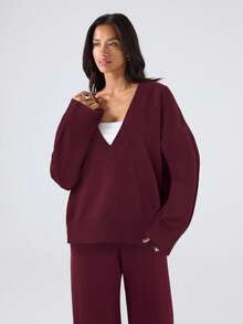 LYSMO 女士简约酒红色针织衫长裤两件套，秋冬针织两件套，适合外出、返校、毕业典礼、街头风和斯德哥尔摩风格。 - 酒紅色 - 查看 5