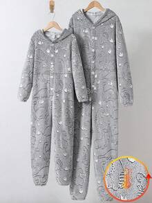 2pcs Tween Boys Minimalist Cute Dinosaur Print Long Sleeve Jumpsuit Pajamas, Daddy & Me Matching Outfits (Sold Separately) Fall Winter - Grey - View 1