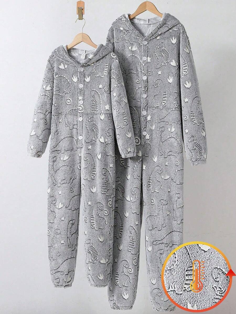2pcs Tween Boys Minimalist Cute Dinosaur Print Long Sleeve Jumpsuit Pajamas, Daddy & Me Matching Outfits (Sold Separately) Fall Winter - Grey - View 1