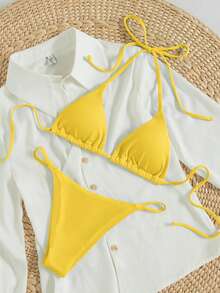 Swim Mod Bikini de 2 piezas con tiras finas y escote halter de tela especial para vacaciones de primavera/verano 2026, de color amarillo sexy y tanga - Amarillo - Ver 4