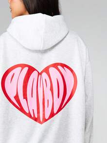 Missguided x Playboy 爱心印花超大款连帽连衣裙，迷你裙长，长袖，舒适修身，休闲情人节套头卫衣裙 - 淺灰色 - 查看 5