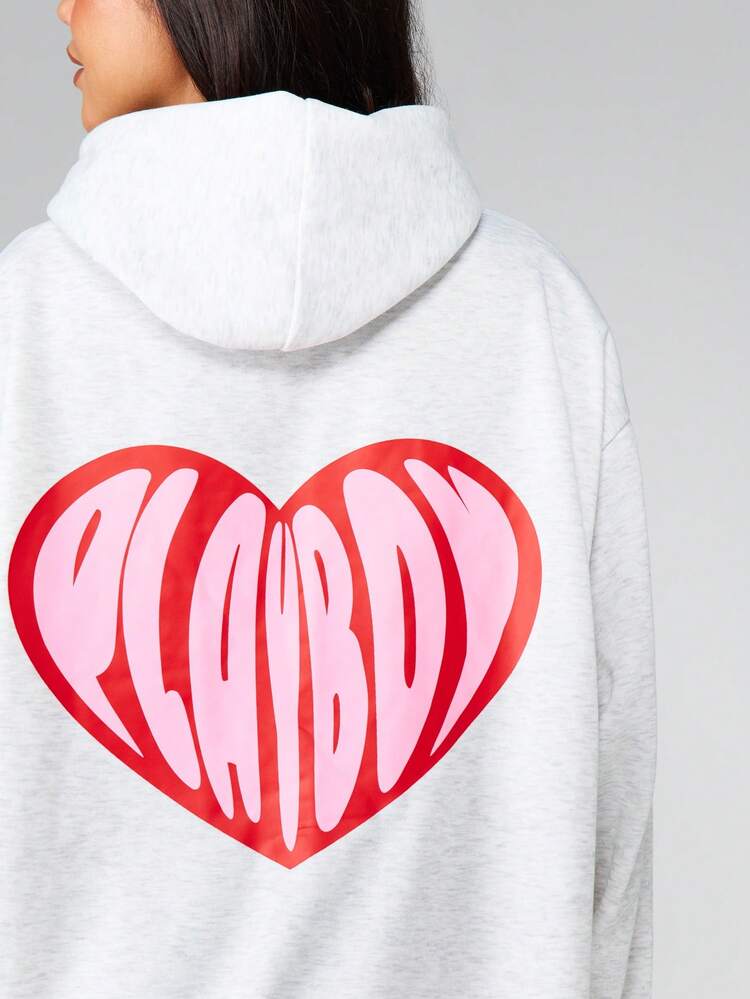 Missguided x Playboy Heart Print Oversized Hoodie Dress Mini Length Long Sleeve Comfort Fit Casual Valentine's Day Pullover Sweatshirt Dress