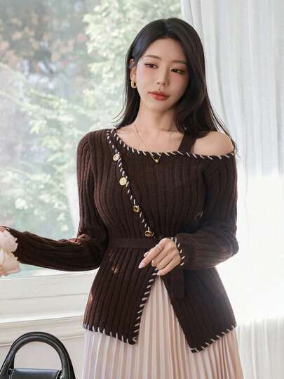 Women's Elegant Contrast Color Asymmetric Waist Sweater, Autumn/Winter