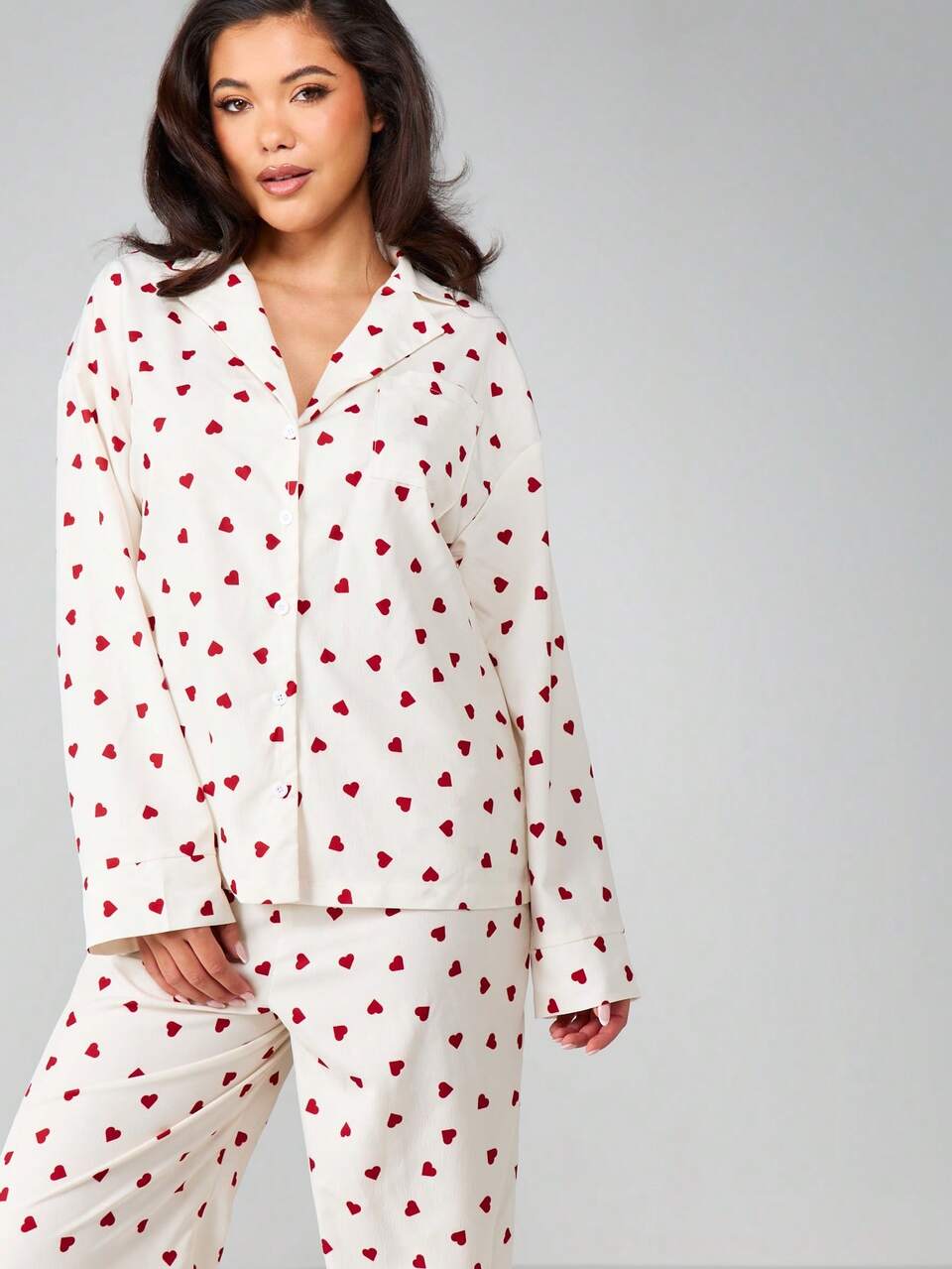 MISSGUIDED Heart Print Collar Button Front Pajama Shirt And Matching Lounge Pants Set For Relaxed Home Comfort Valentine Season Sleepwear