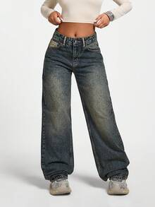 SHEIN PETITE Petite LOW WAIST CASUAL STYLE DENIM STRAIGHT - Medium Wash - View 7