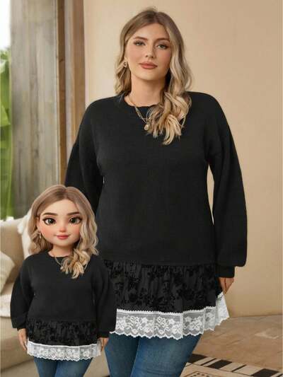 Plus Size Women Crew Neck Drop Shoulder Long Sleeve Lace Patchwork Ruffle Hem Casual Sweater, Black Sweater, Thanksgiving, Autumn/Winter,2025 New
