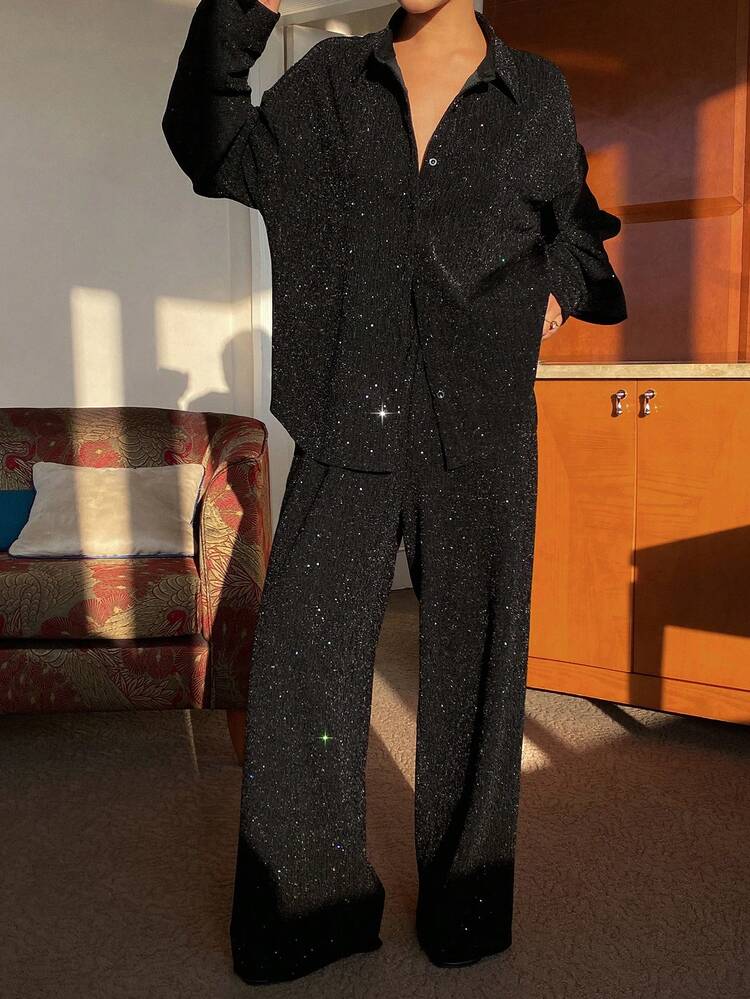Tall Women's Loose Sequin Blouse And Straight Leg Pants 2 Pieces Casual Set