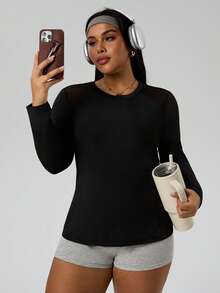 Rhythm Era 大码纯色网眼拼接圆领修身长袖运动T恤