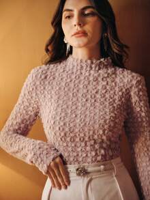 Anewsta Áo lót cổ lọ ren nhung thanh lịch, áo lót cao cấp cho nữ thời trang thu đông - Hồng - Xem 7