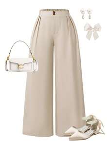 SHEIN Casual Apricot Wide-Leg Pants, Loose Fit Design Showcasing Relaxed Vibe, Suitable For School, Weekend Leisure Occasions, Spring & Autumn Tween Girl Dress Pant Suit Teen Two Piece Pantsuit Tween Girl Wide Leg Pants Two Piece Set Teen Girls - Apricot - View 2