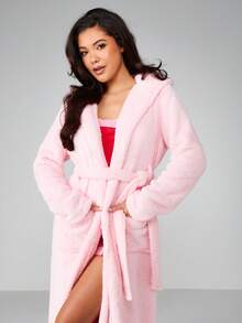 Missguided x Playboy Luxurious Fleece Hooded Maxi Dressing Gown Robe With Belt Long Sleeve Cozy Winter Loungewear Spa Bath Robe - Pink - View 5