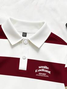 Manfinity Joysei Men's Letter Print Striped Polo Collar Long Sleeve Casual Pullover Sweatshirt - Red and White - View 3