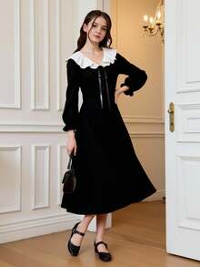 Váy nhung dài tay thanh lịch, giản dị dành cho bé gái tuổi teen - màu đen - Xem 7