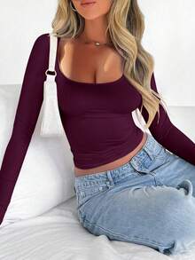 Islaluna Women Casual Round Neck Fitted Long Sleeve T-Shirt, Spring/Autumn For New Year Clothes - Red Violet - View 3
