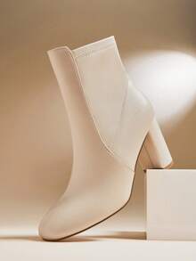 SHUZIA Botín de mujer por encima del tobillo con puntera almendrada, tacón de bloque, estilo calcetín en PU color beige - Beis - Ver 6