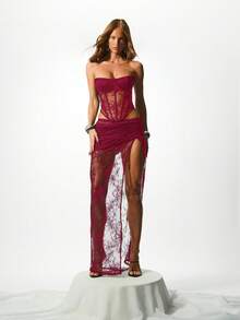 KIZN Lace Maxi Skirt With High Side Slit And Sheer Drape Design For Evening Party Occasions - Burgundy - View 4