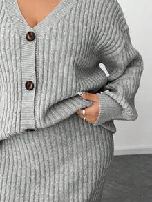 Elenzga Plus Size Solid V-Neck Button Front Long Sleeve Cardigan & Skirt 2 Pieces Set - Light Grey - View 7