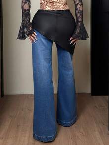 Jeanoix Women's Fashion Color Block Flare Leg Jeans - Blue - View 2