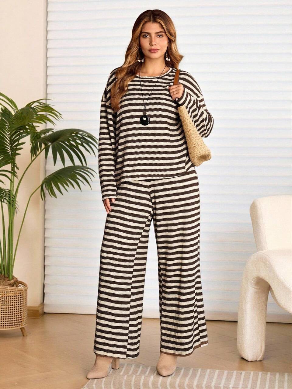 Plus Size Crew Neck Drop Shoulder Long Sleeve Striped Loose 2-Piece Set Women Beige Autumn Smart Casual Vacation Cozy Fall Winter Country Outfit