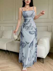 Modelyn 女士网纱印花吊带荷叶边腰身夏季休闲连衣裙 - 淺藍色 - 查看 8