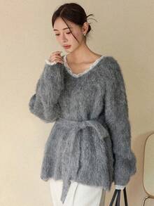Dazy-Less Women's V-Neck Long Sleeve Loose Fuzzy Sweater, Autumn/Winter - Grey - View 9