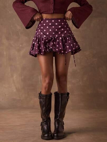 SHEIN BAE Women's Casual Purplish-Brown Polka Dot Print Tie-Up Bubble Skirt/Balloon Skirt/Polka Dot Midi Skirt/Cute Midi Skirt/Summer/Spring Break /Valentine/Going Out/Summer Skirt