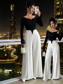 Rafferiza Bộ đồ liền thân Islaluna thanh lịch như quý cô đính ngọc trai, eo nhún bèo, tinh tế & duyên dáng, thiết kế khối màu đơn sắc sang trọng, thích hợp cho tiệc sinh nhật, dịp trang trọng, hẹn hò, bộ đồ liền thân dài tay trễ vai mùa thu dành cho nữ - Đen và trắng - Xem 4