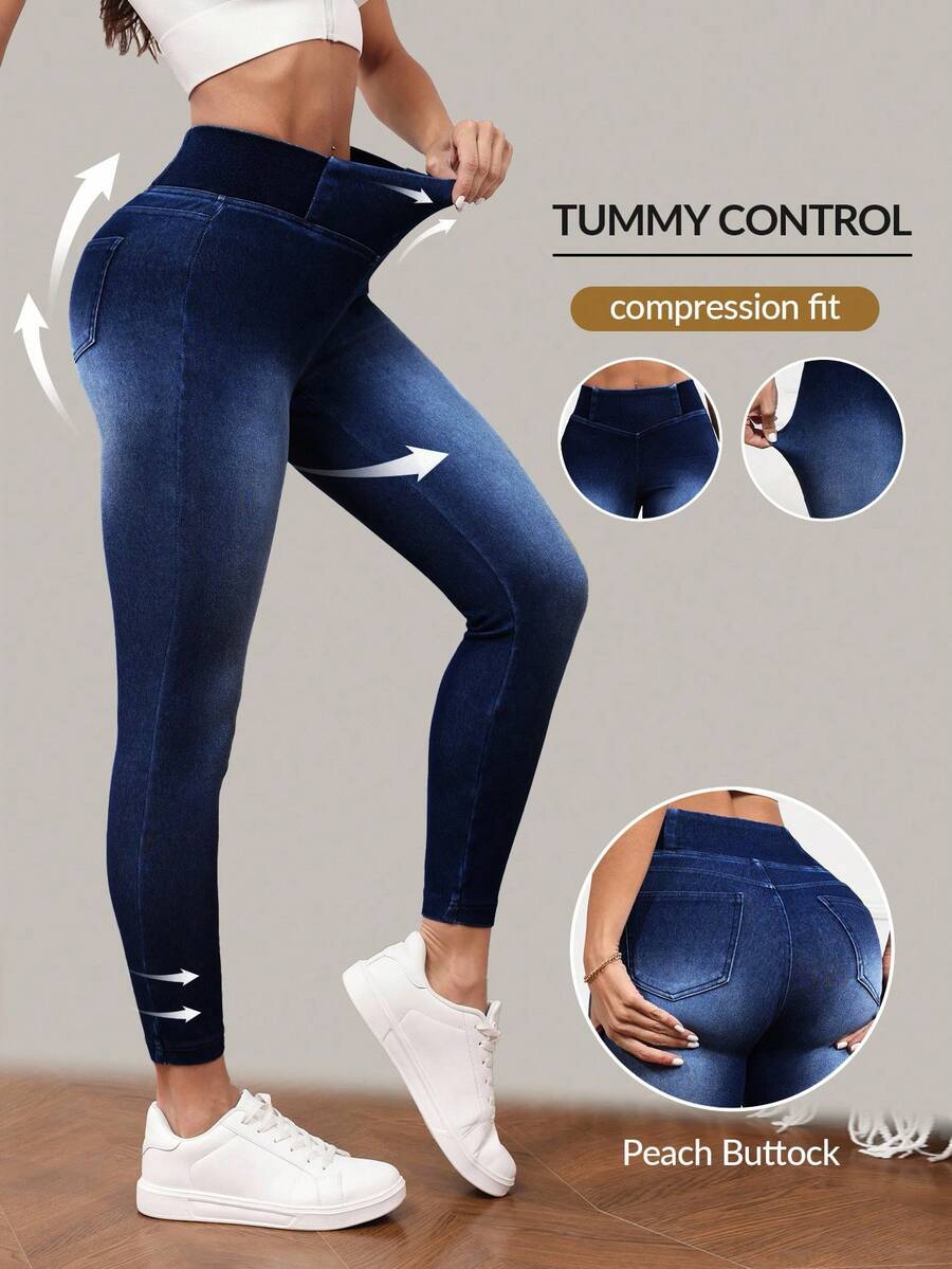 SHEIN PETITE Quần jean bó sát co giãn Ombre thường ngày cho nữ - Rửa tối - Xem 1