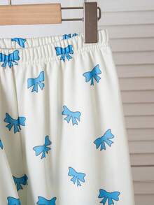 Girls' Fresh Blue Bow Print Long Sleeve Pajama Set - Apricot - View 8