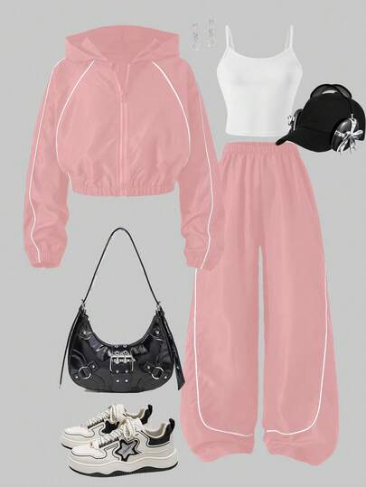 Sparklyn Conjunto informal de 3 piezas para niña preadolescente, incluye: chaqueta corta con capucha y cremallera con ribete acanalado, camiseta blanca y pantalones de pierna ancha, conjunto de otoño