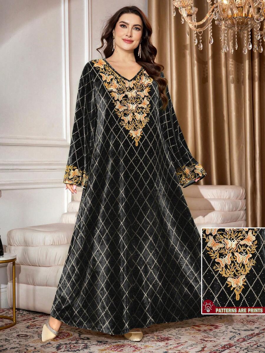 SHEIN Najma Váy maxi dài tay cổ chữ V họa tiết bướm và lá cỡ lớn dành cho nữ, kiểu dáng abaya nhung thanh lịch, mùa xuân/thu - Nhiều màu - Xem 1