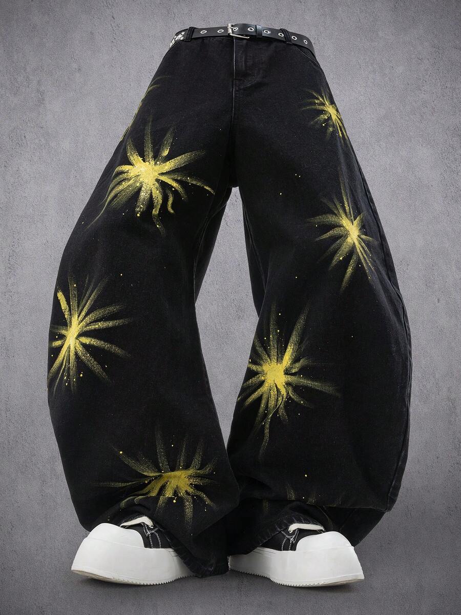 Manfinity Denimwave Men's American Style Hand-Painted Design Loose Fit Distressed Jeans Black Graphic Sweat Pants Star Pants Y2k Pants - Black - View 1