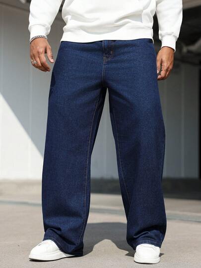 Plus Size Men's Loose Fit Pockets Casual Wide Leg Jeans Dark Blue Jeans Men