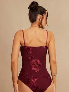 Silquee Women's Burgundy Summer Elegant Knit Bodysuit,Seductive Night Out Solid Color Jacquard 3D Floral Embroidered Fitted Cut Versatile Piece For Dinner - Burgundy - View 3