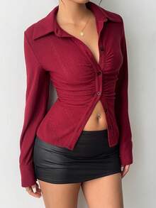 FavEase Chemise en jacquard tricoté rouge pour femmes : Top à encolure en V stretch élevé avec une coupe cintrée à la taille et des fronces sur le buste, pour les sorties, les fêtes et le Nouvel An.