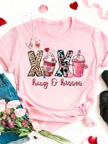 DrmWander Áo thun họa tiết Valentine XOXO, Áo thun họa tiết ngày lễ tình nhân, Áo thun tình yêu, Áo thun ngày lễ tình nhân dễ thương dành cho nữ, Áo thun người yêu cà phê ngày lễ tình nhân - Hồng - Xem 3