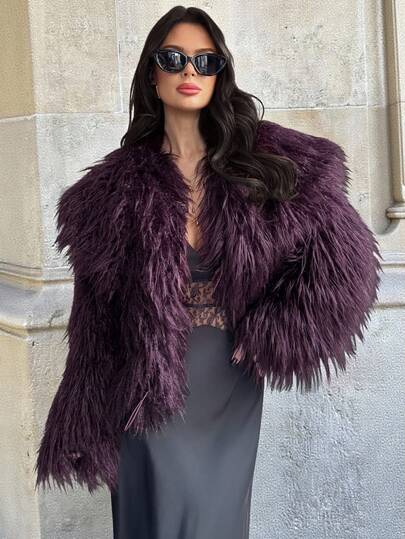 Firerie 女士休闲优雅紫色长毛仿皮草外套，适合通勤和日常穿着，秋冬女装/新年服装/复古风格/舒适秋冬女装/知性优雅女装/酒红色外套/女士冬季外套/高端优雅派对外套
