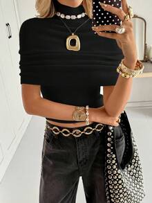 Siren Gaze Women's Elegant Solid Color Turtleneck Wrap Knit Top Summer Black Casual - Black - View 4