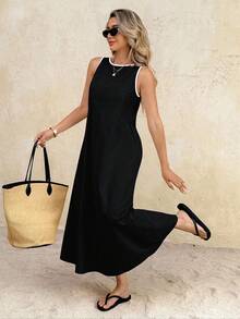 Vestido largo de cuello redondo casual para mujer, adecuado para uso diario y citas - Negro - Ver 2