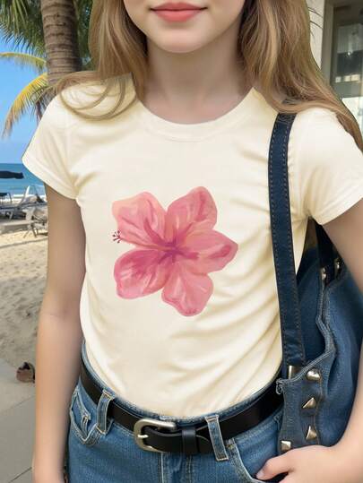 Tween Girls' Casual Minimalist Floral Print Painting & Graffiti Pattern Comfortable Tee Suitable For Beach, Outdoor, Short Sleeve T-Shirt