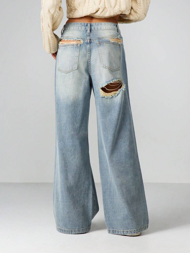 MISSGUIDED Women High Rise Wide Leg Distressed Ripped Denim Jeans With Raw Hem Vintage Boyfriend Straight Casual Pants Fall Winter Style