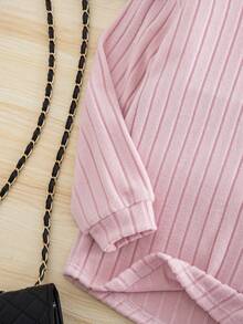 SHEIN Explorewe 2pcs/Set Tween GirlsRibbed Hoodie Top With Asymmetrical Hem And Leggings - Pink - View 4