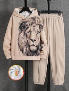 SHEIN 2pcs Kids/Tween Boys Lion Graphic Hoodie & Jogger Pants Set,Back-To-School Beige Streetwear School Autumn Tracksuit,Casual Sweatshirt Outfit For Boys - Khaki - View 2